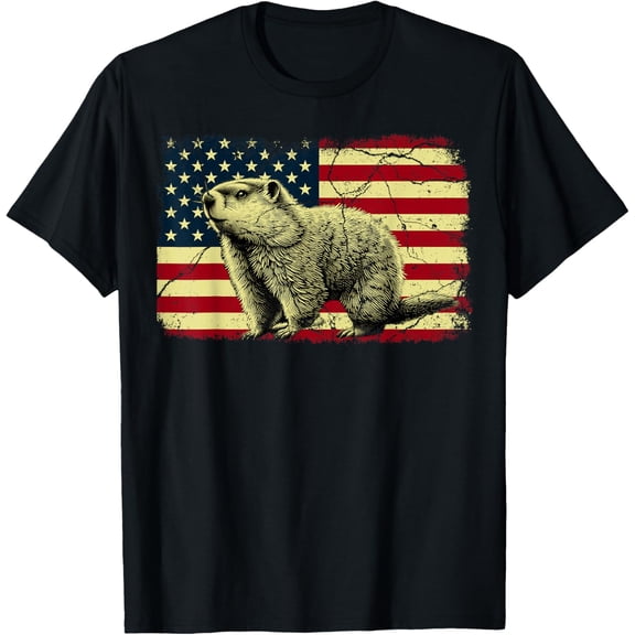 Punxsy Phil American Flag Groundhog Day For Men Women T-ShirtMen's and women's gift, black and white T-shirt, size: Extra large S-4XL