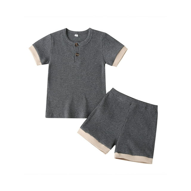 Xingqing Toddler Baby Boy Girl Summer Short Set Unisex Ribbed Short Sleeve T-Shirt Tops+Short Pants Outfits