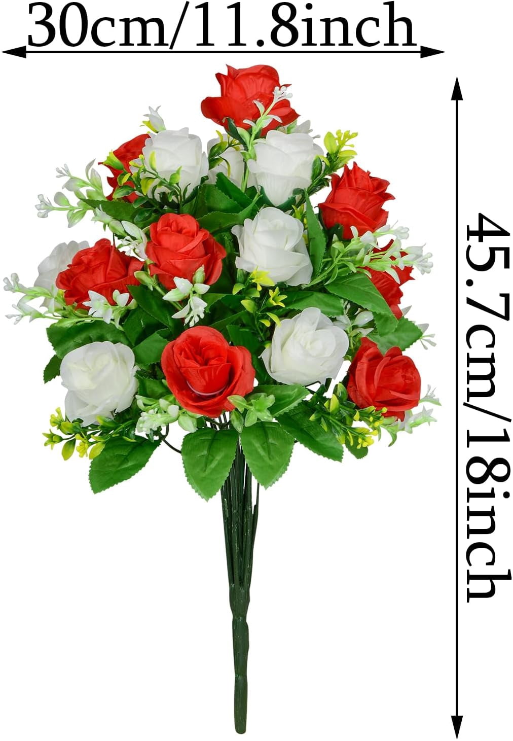 Artificial Cemetery Flowers, Set of Artificial Rose Bouquet Graveyard Memorial Flowers with Vase for Cemetery Headstones Decoration (White&Red-Pcs)