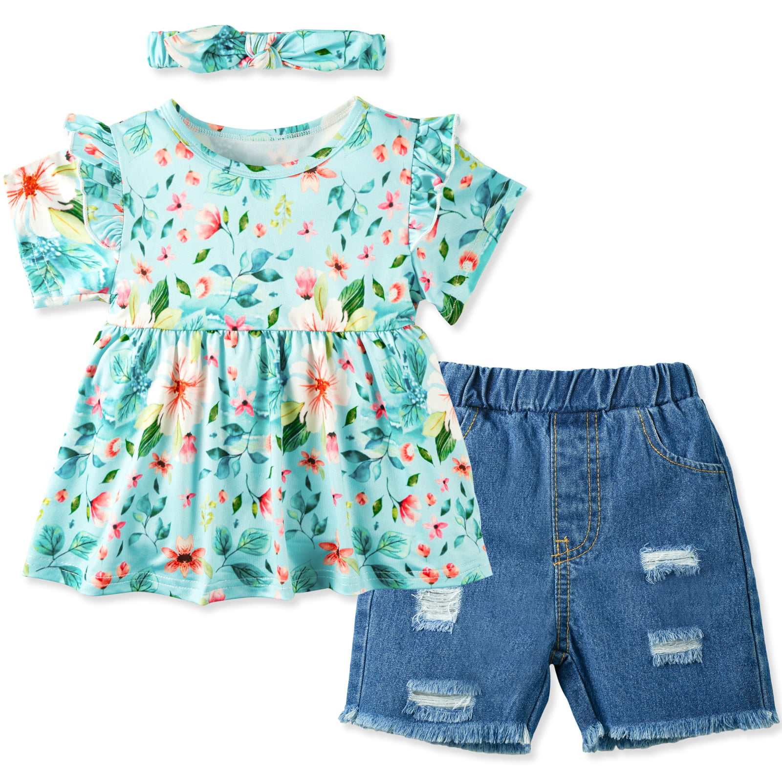 Ripped Denim Shorts Set 6M-4T Toddler Girl Outfits Baby Girl Summer Clothes Ruffled Floral Printed Shirt Tops 