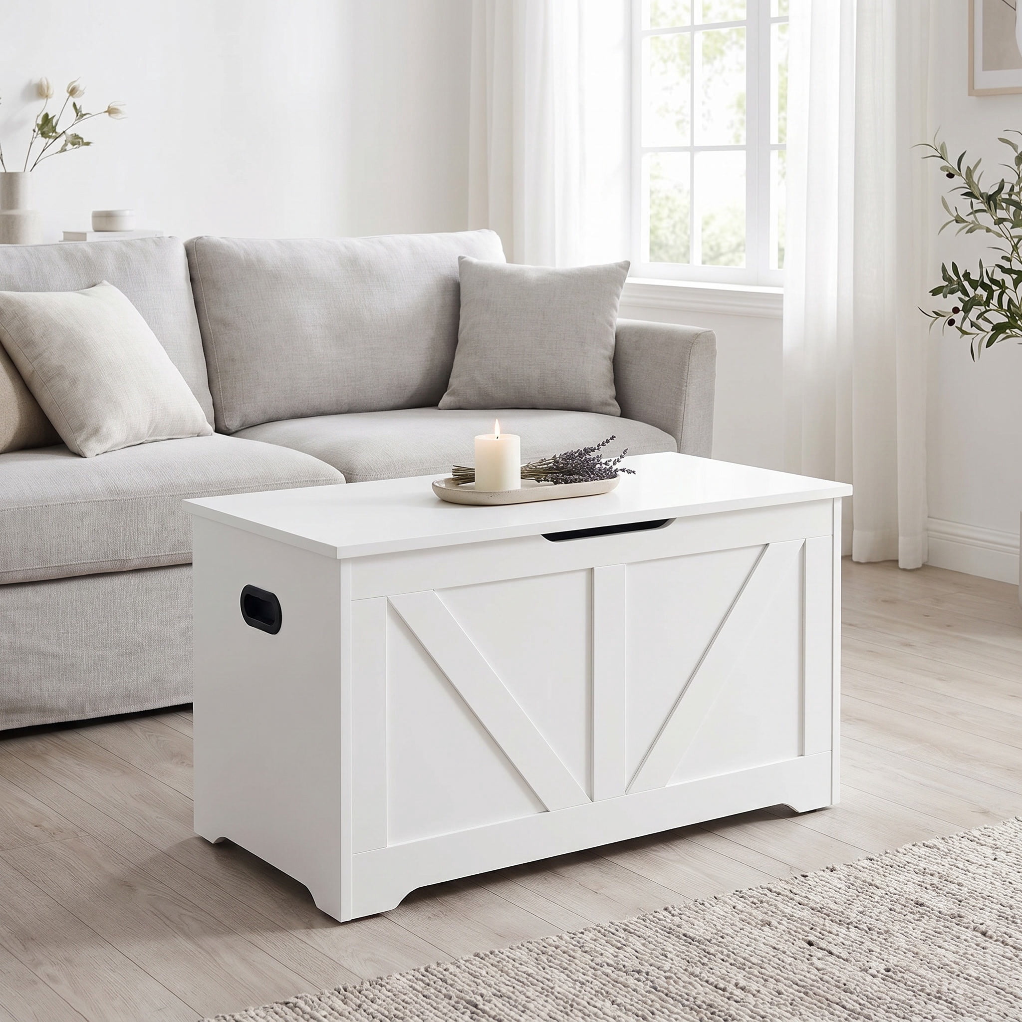 Nordic Hygge White Farmhouse Storage Chest with 2 Safety Hinges