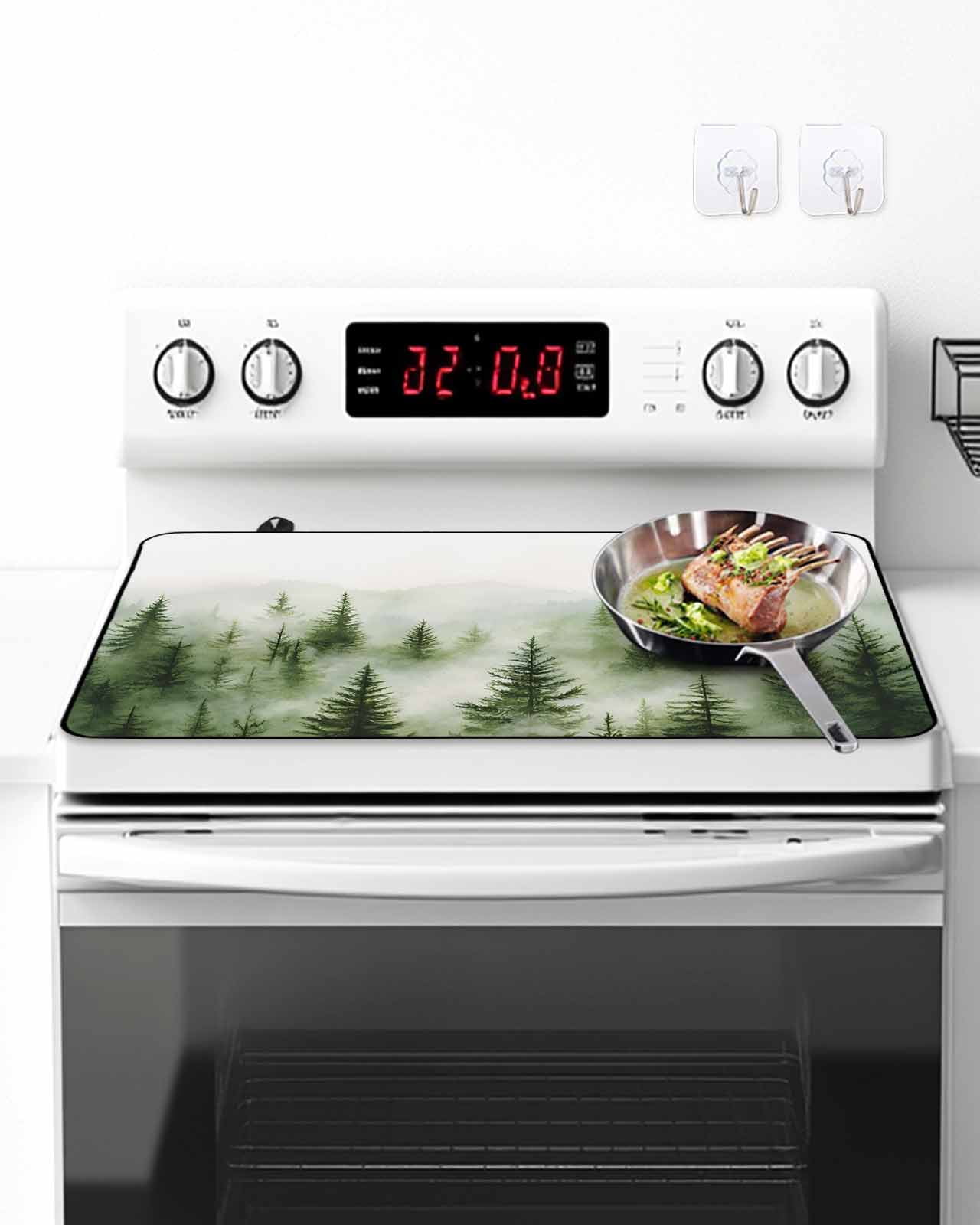 Stove Top Covers for Electric Stove, Green Mist Forest Glass Stovetop Cover Protector, Foggy Mountain Tree Nature Landscape Induction Cooktop Protector Oven Mat for Kitchen Countertop 24"x21"
