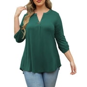 VERABENDI Women's Plus Size Tops 3/4 Sleeve Shirts Dressy Casual Metal Buckle V-Neck Tunic Blouses,M-4XL