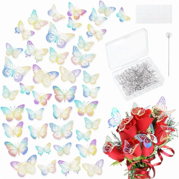 100Pcs Bouquet Corsages Pins for Flowers 72Pcs 3D Butterfly Wall Decor Floral Arrangement Supplies for Mother's Day Valentines Day Wedding Birthday Party Colorful