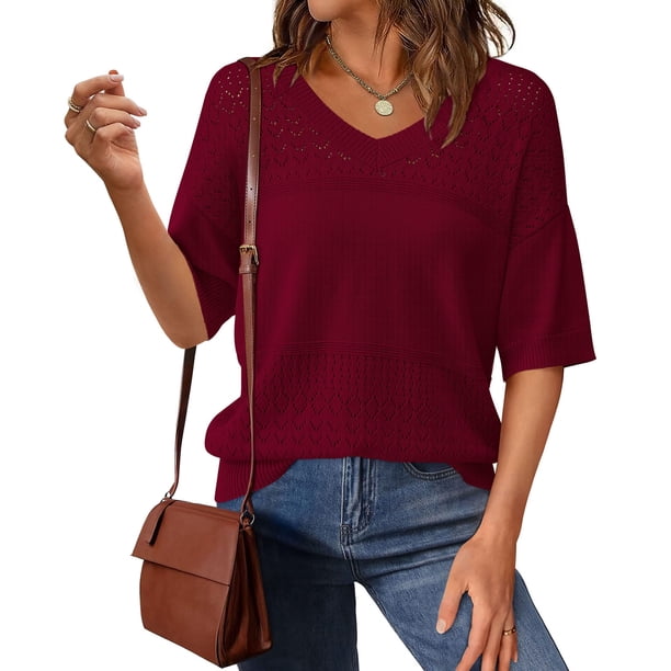Suéter de Mujer PRETTYGARDEN Manga Corta Cuello en V Rojo Vino