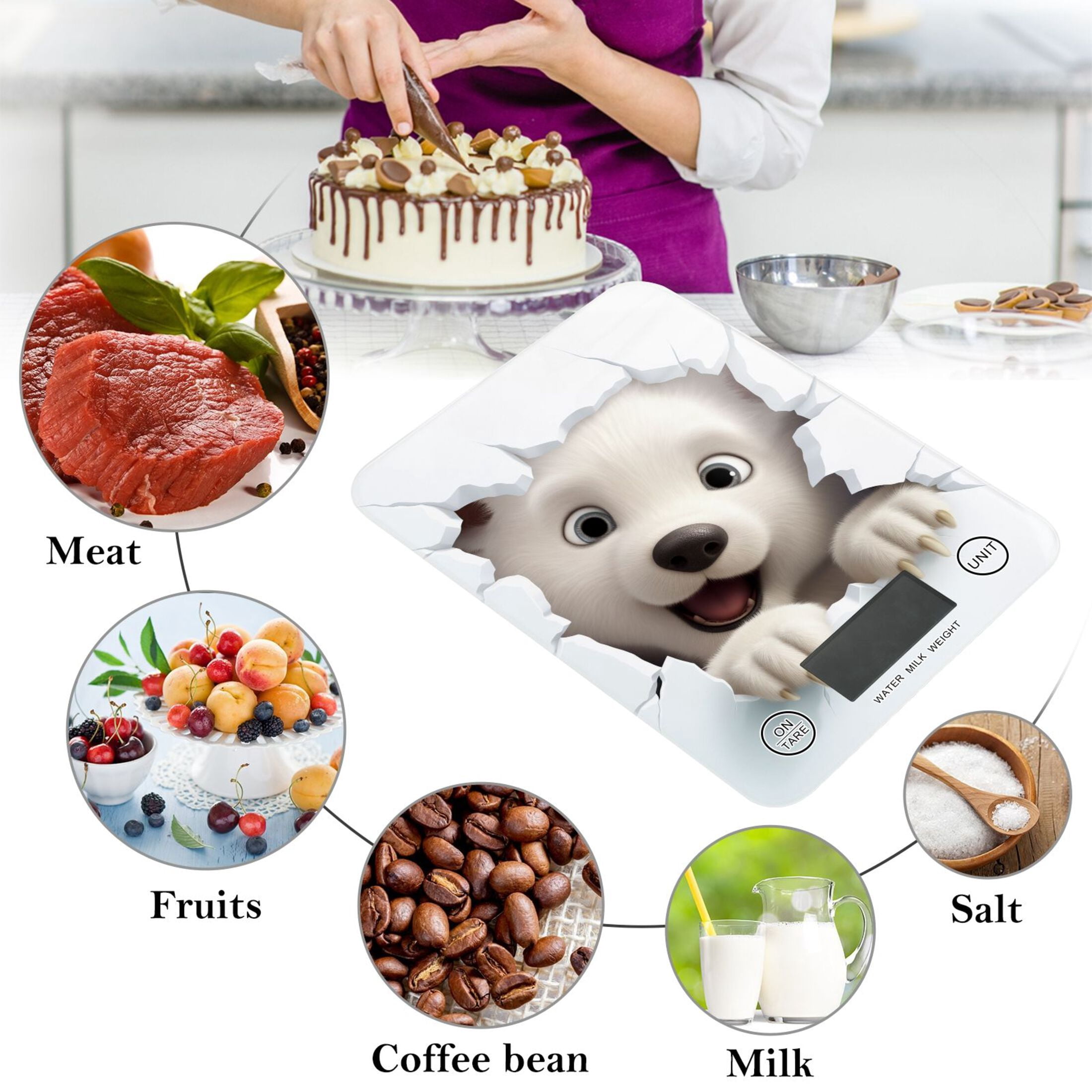 White Bear Face Wall Food Scale Digital Kitchen Scale Waterproof Tempered Glass Tare Function 11 lb for Baking Cooking Meal Prep