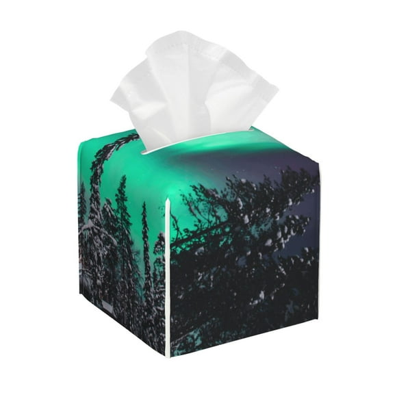 Fotbe Northern Lights 2 Porta Pañuelos Decorativo de Cuero, Caja Cuadrada Moderna para Pañuelos Faciales, Organizador y Dispensador 5x5x5''