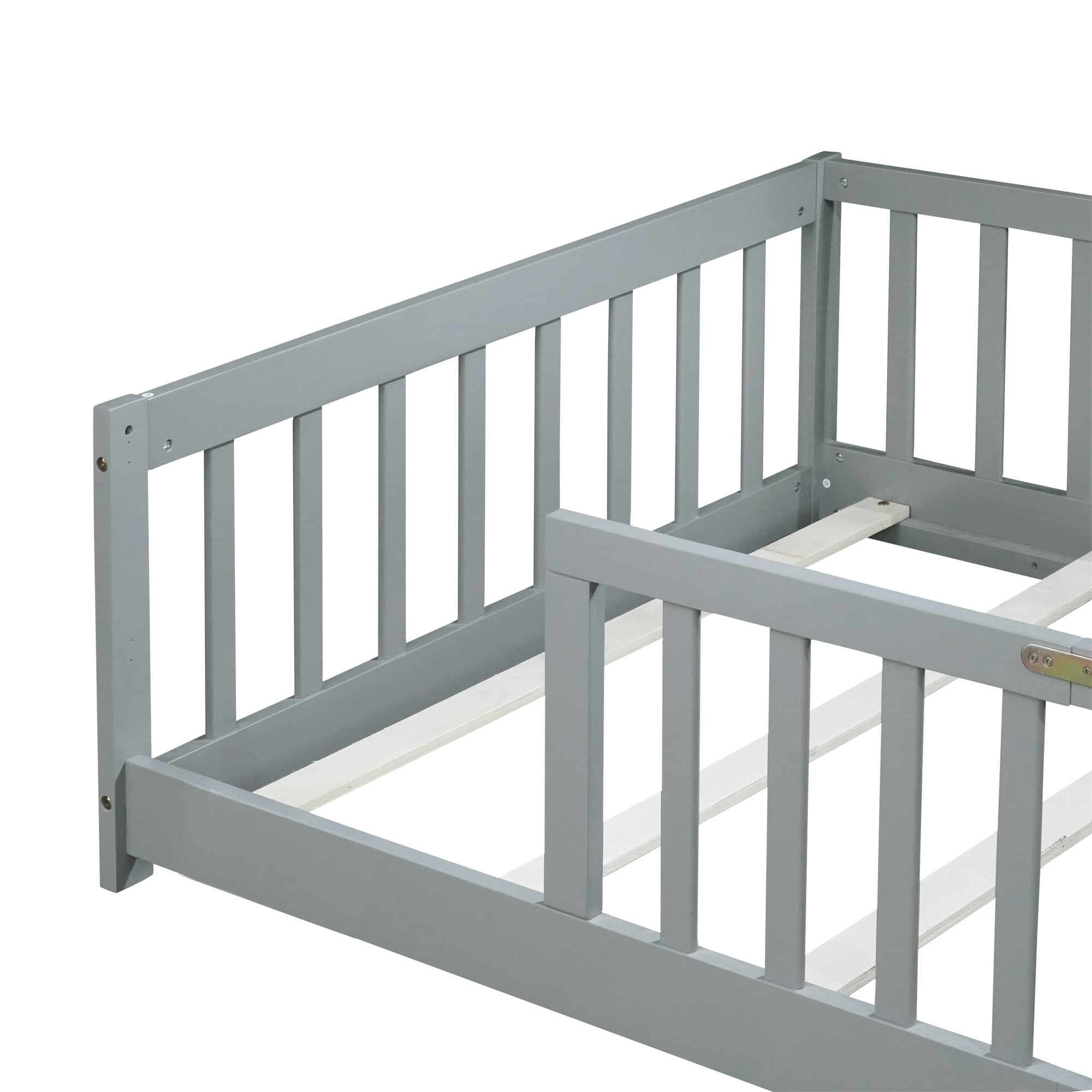 Alvantor Twin Size Montessori Floor Bed for Kids with Rails, Rubber Wood Toddler Bed Frame Low to Ground, No Box Spring Needed, Gray