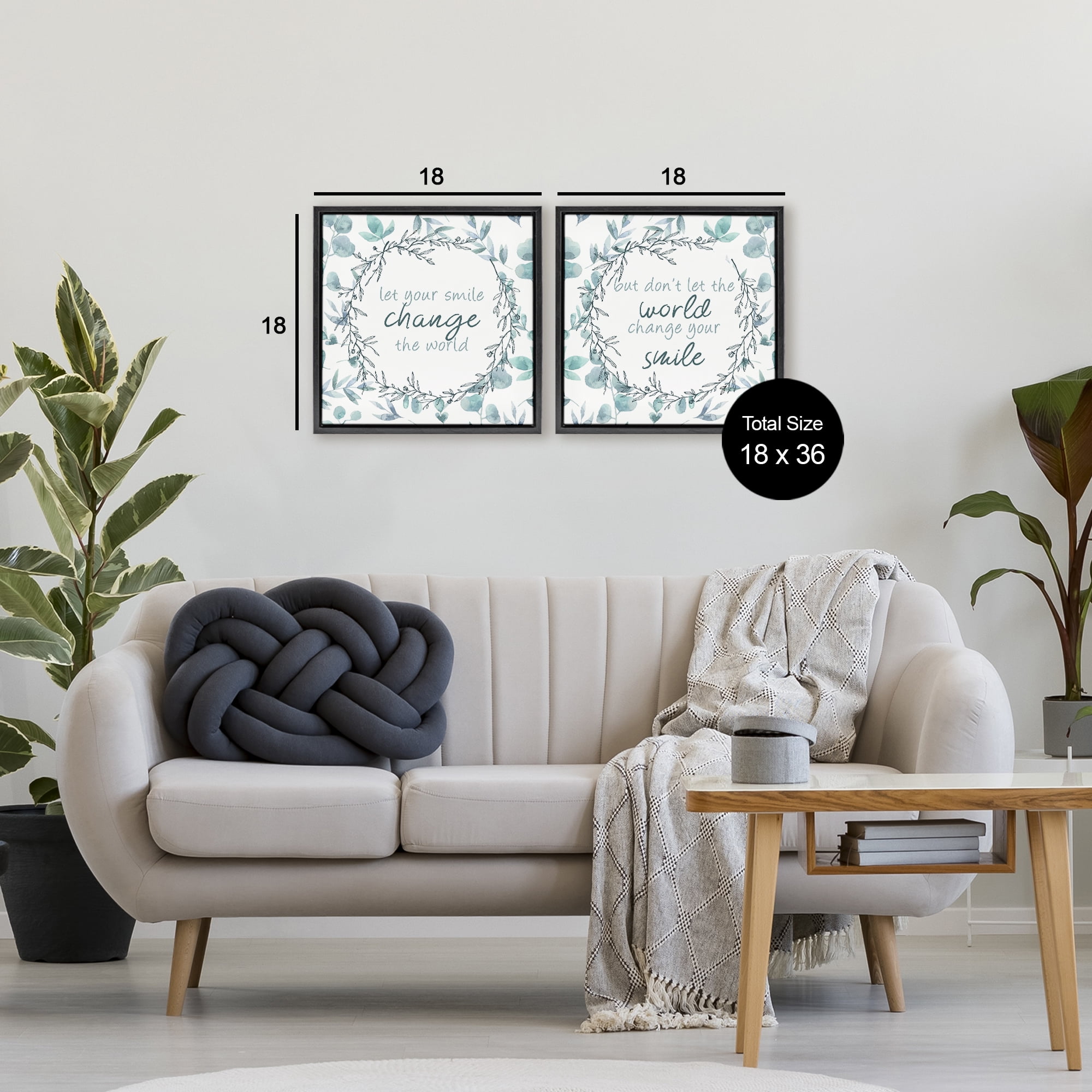 Stupell Industries Inspirational Smile Quotes 2 Piece Black Framed Floater Canvas Set, design by Kim Allen