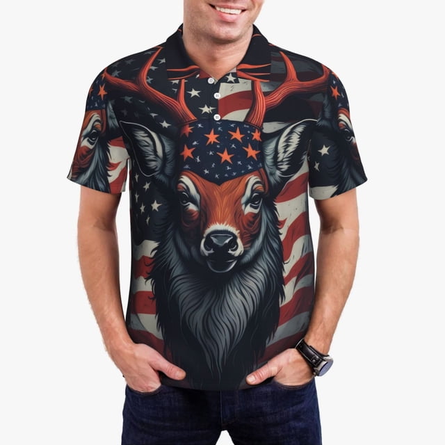 Fotbe Modern USA Deer Head Camiseta Polo de Golf para Hombre con Estampado – Camisa Deportiva Transpirable con Cuello Abotonado-XX-Large