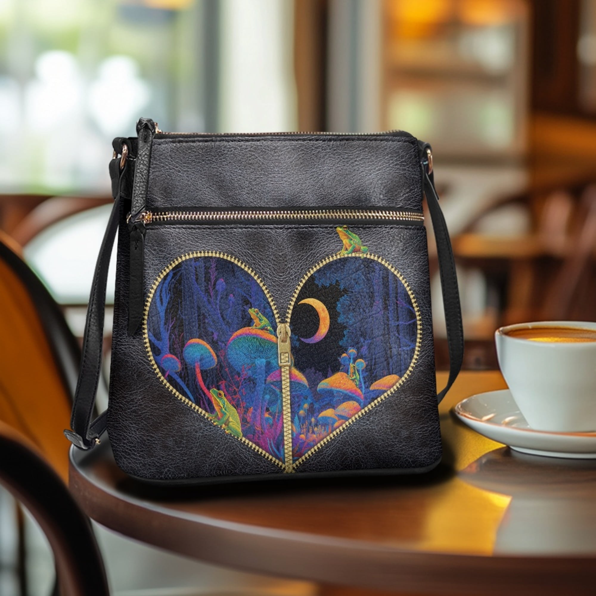 Kuiaobaty Mushroom Frog Print Crossbody bag for Women, Punk Lightweight Vegan Leather Hobo Handbag Crossbody, Multi Pockets Messenger Purse with Adjustable Strap for Travel