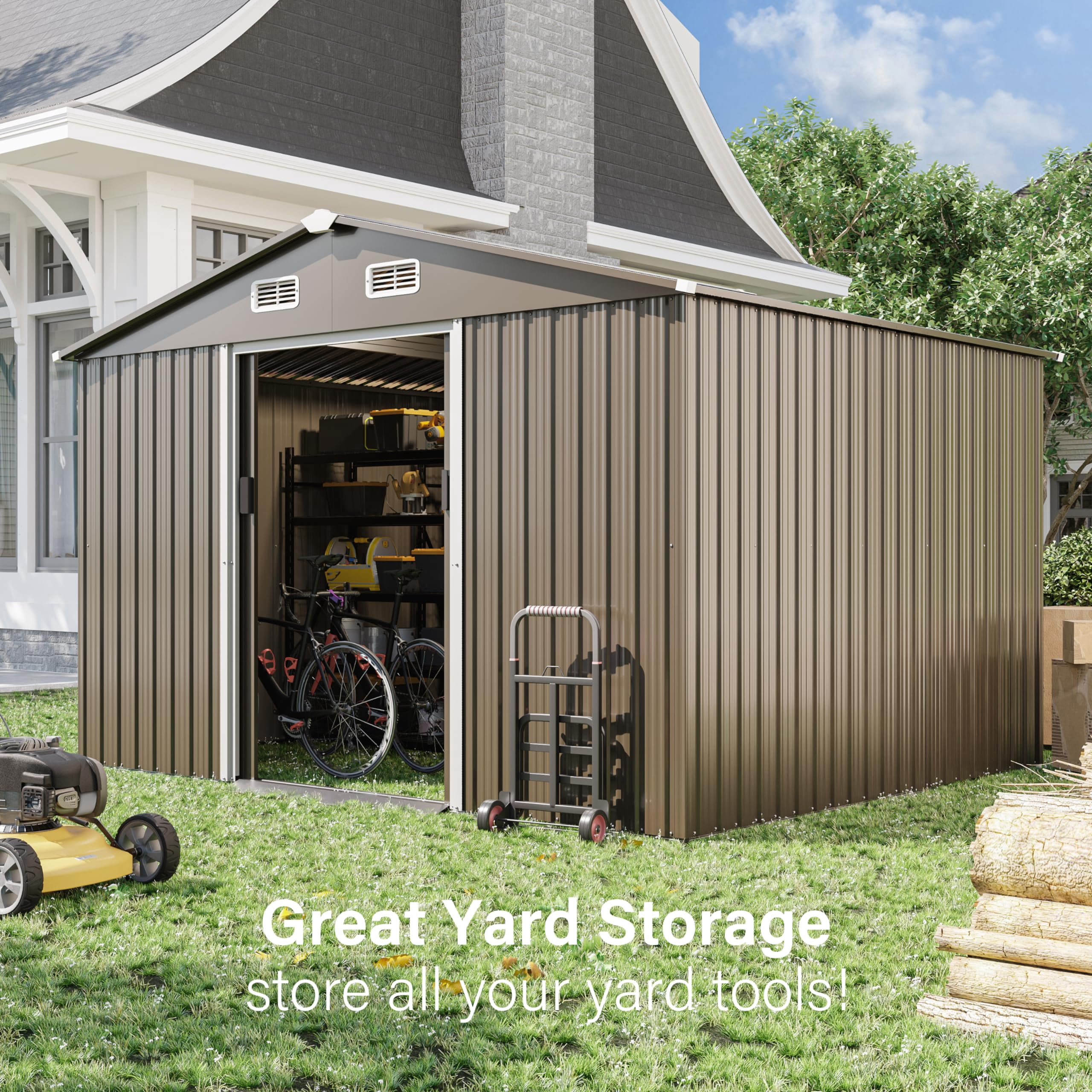 ALAULM 8x6 ft Outdoor Steel Storage Shed with Lockable Sliding Door, Waterproof Metal Tool Shed for Garden, Brown