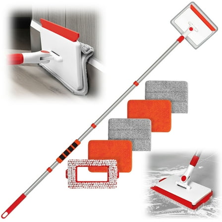 JEHONN Wall & Baseboard Cleaner Mop Tool with 4 Reusable Pads Red