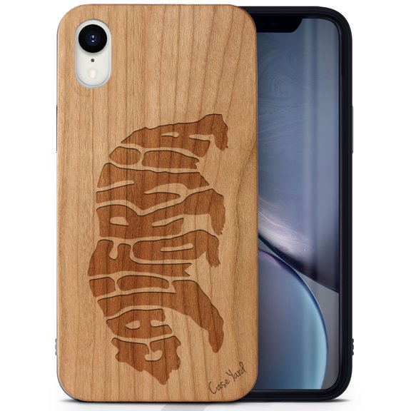 Case Yard Wooden Case Outside Soft TPU Silicone Slim Fit Shockproof Wood Phone Cover for Girls Boys Men and Women Supports Wireless Charging California Bear Letters Design case for iPhone-XR