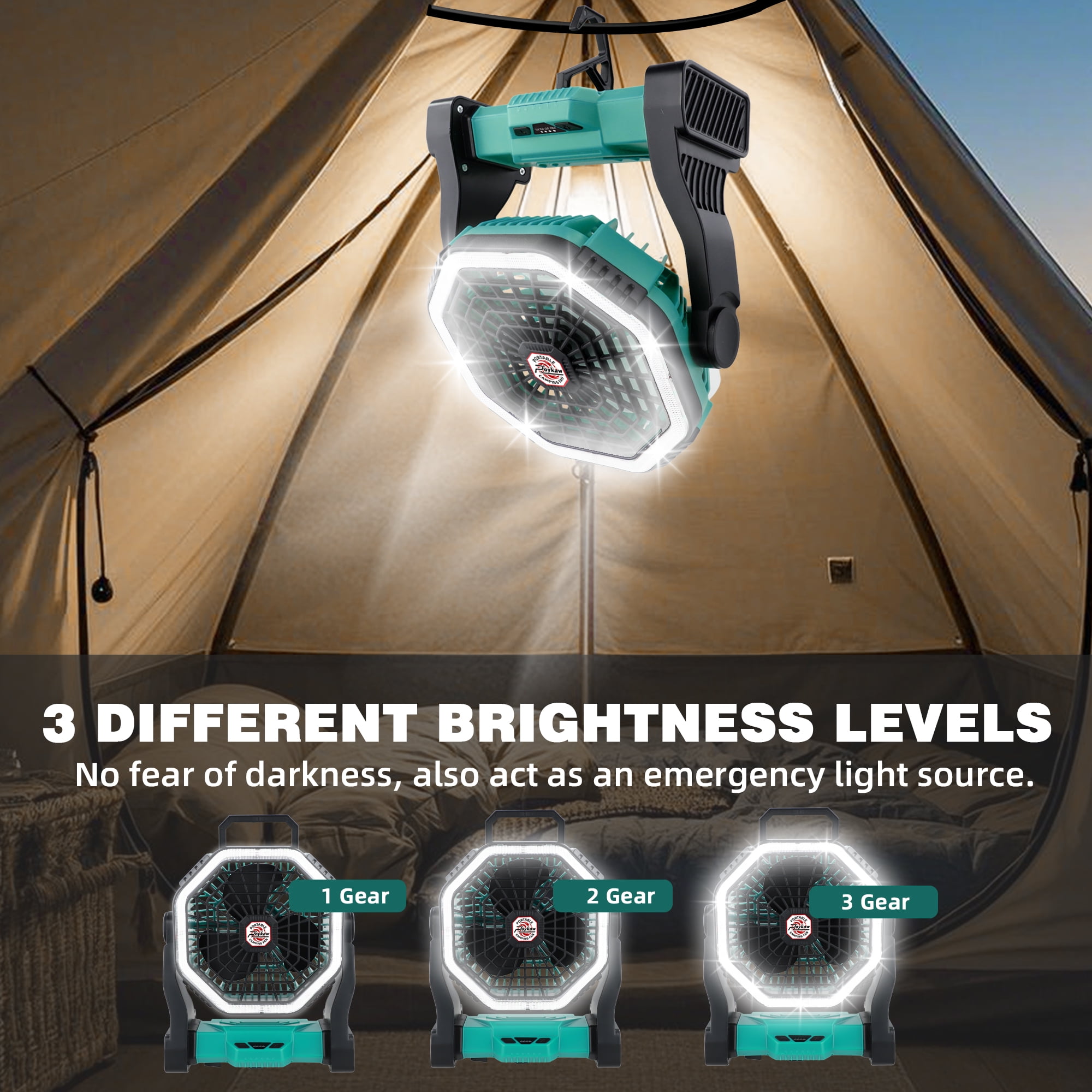 Roykaw Portable Fan for Travel, 10400 mAH Rechargeable Camping Fan, Cordless Battery Powered Fan with Led Light, Battery Fan with Handle, Hang Hook for Tent, Fishing, Hurricane Fan for Bedroom, Green