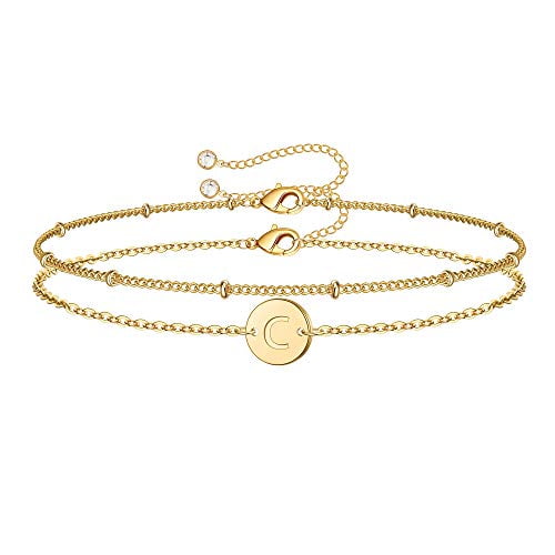 Gold Bracelets for Women, 14K Gold Filled Layered Disc Beaded C Letter Initial Bracelet Personalized Gold Bracelets for Women Initial Bracelets for Women Teen Girls Gold Jewelry Gifts