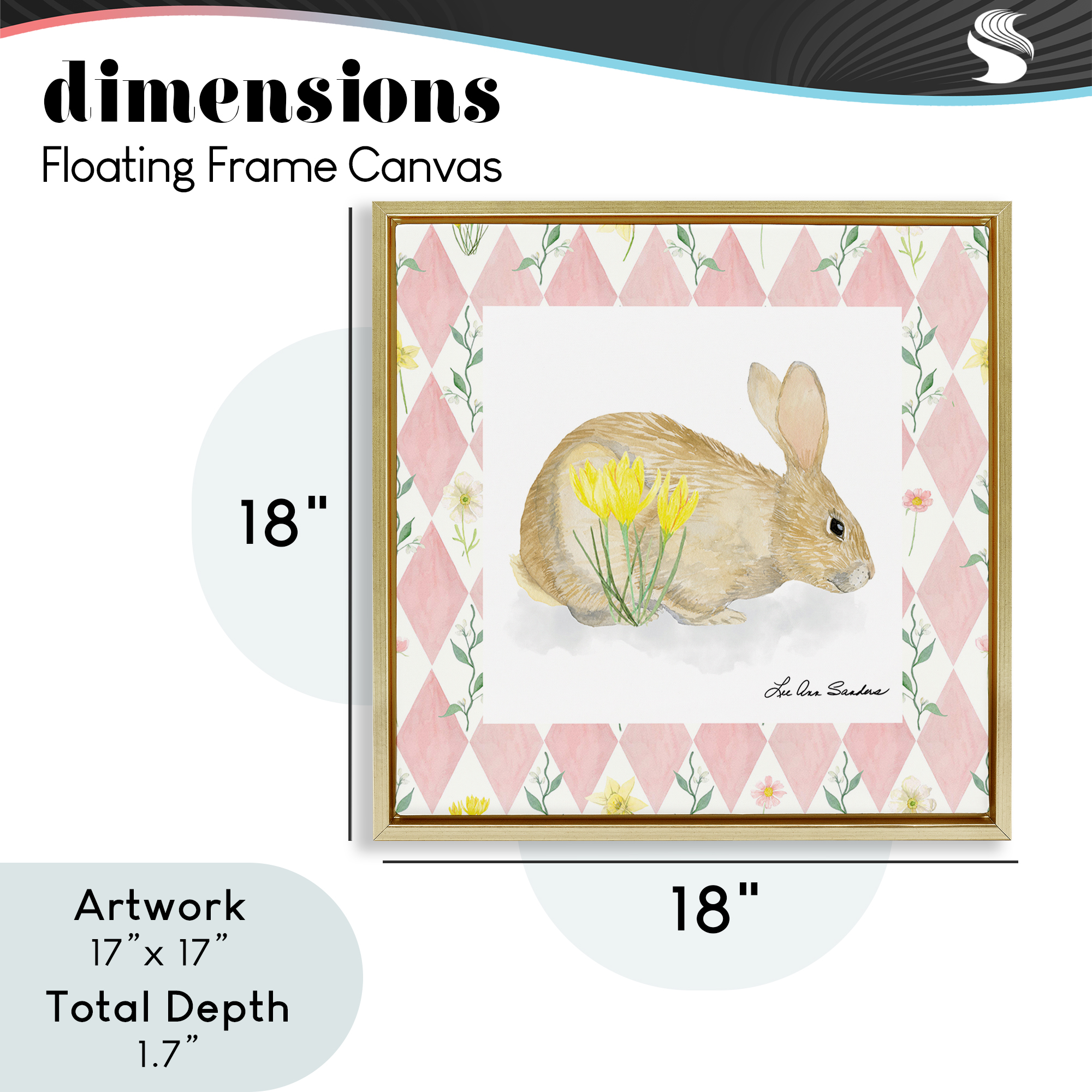 Buttercup Bunny on Pink Argyle Gold Framed Floater Canvas Wall Art, design by Lee Ann Sanders
