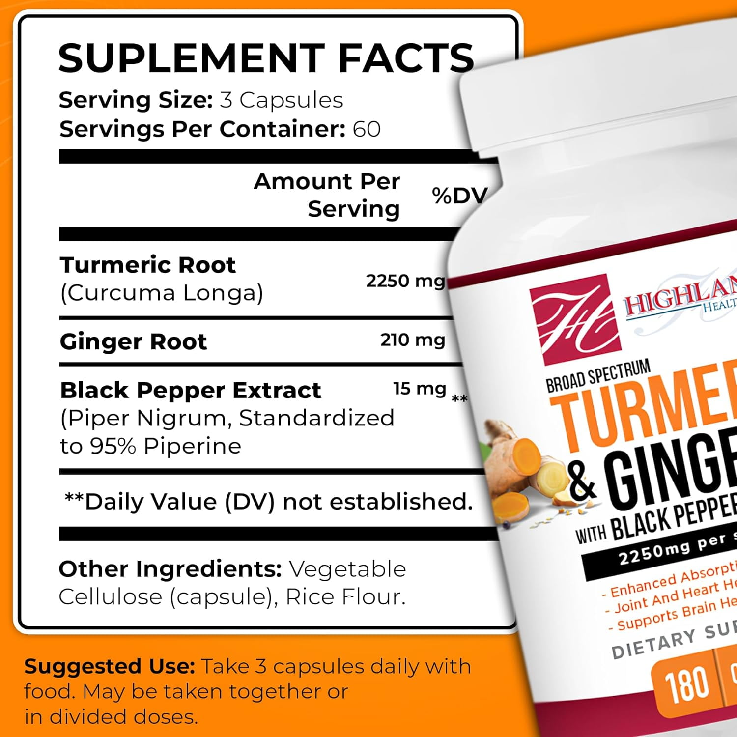 Highland Health Foods Turmeric 2250mg with Ginger Root & Black Pepper Extract 180 Capsules