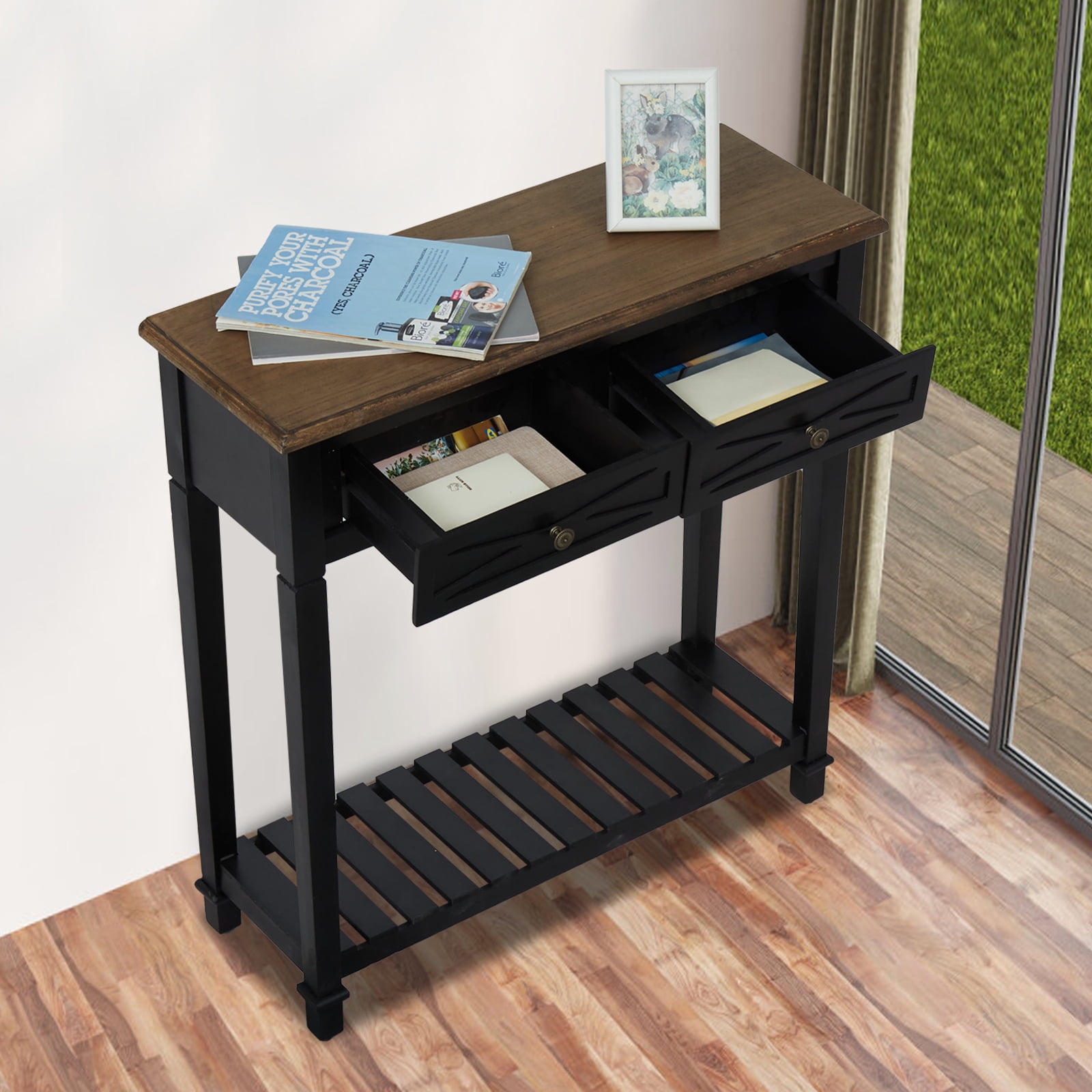 Kinbor Narrow Console Sofa Table Entryway Hallway Decoration, Modern Nightstand Side Table Accent Furniture with Drawers Shelf, Black