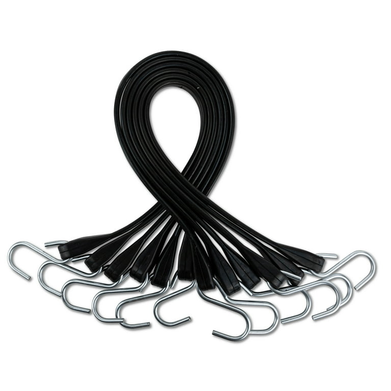 15 inch Rubber Bungee Cords with Hooks - All Natural Rubber Heavy Duty Tarp Strap Bungee with Crimped S Hooks- Pack of 50, Black