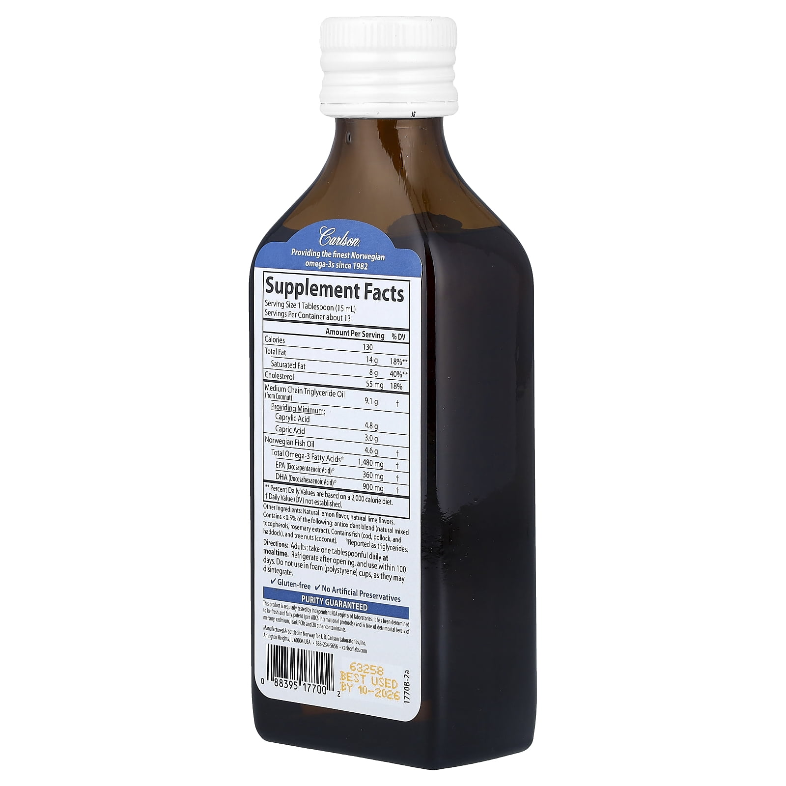 Carlson MCT & Omega-3, Natural Lemon Lime,  6.7 fl oz (200 ml)