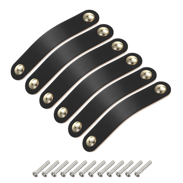 Uxcell 6 Paquetes Tiradores de Cajón de Cuero con Tornillos, Negro/Dorado (Espaciado de Agujeros: 96 mm)