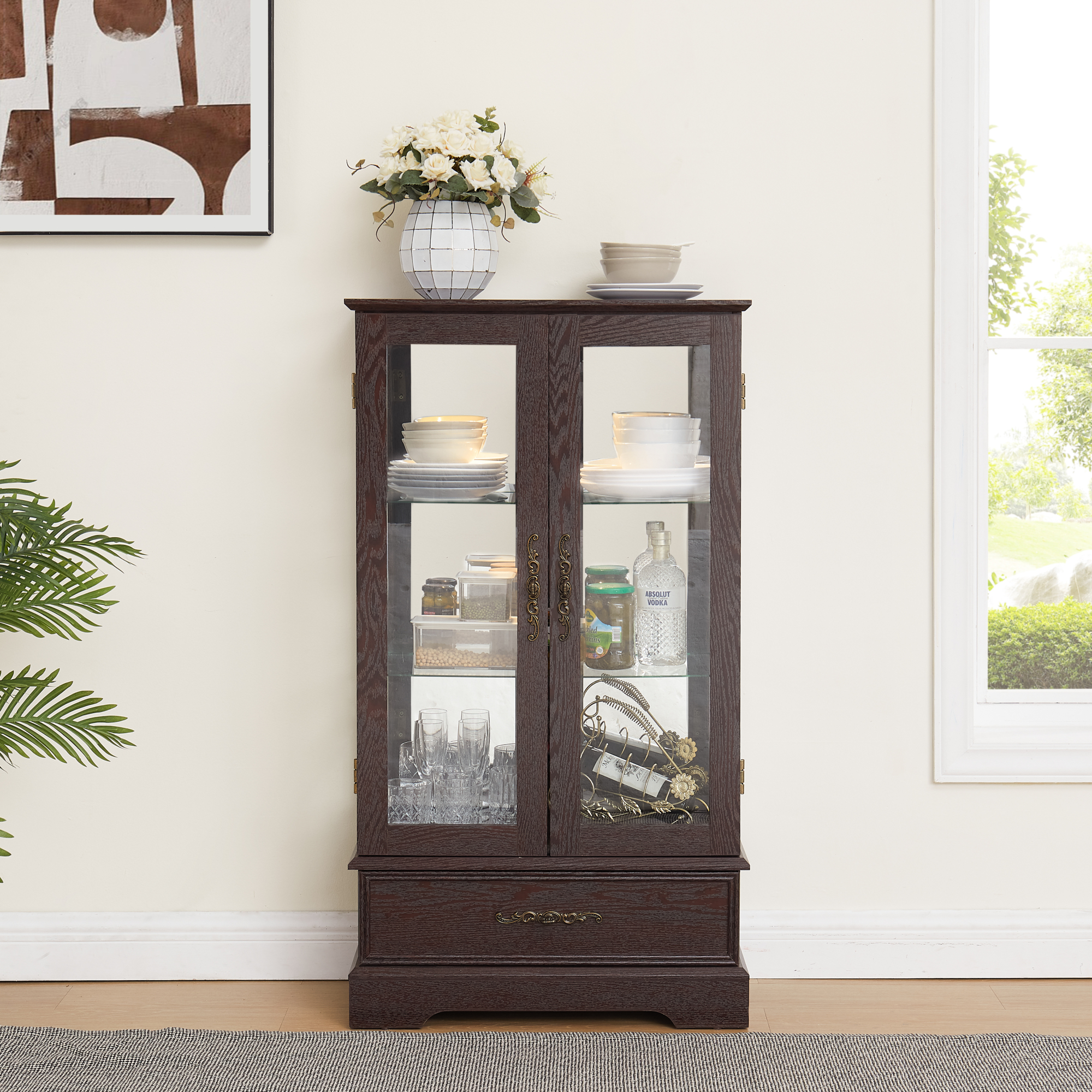 Leumius Glass Cabinet Lighted Glass Cabinet Curio Display Cabinet with Adjustable Glass Shelves 2 Doors and 1 Drawer for Living Room, Kitchen, Dining Room Cherry
