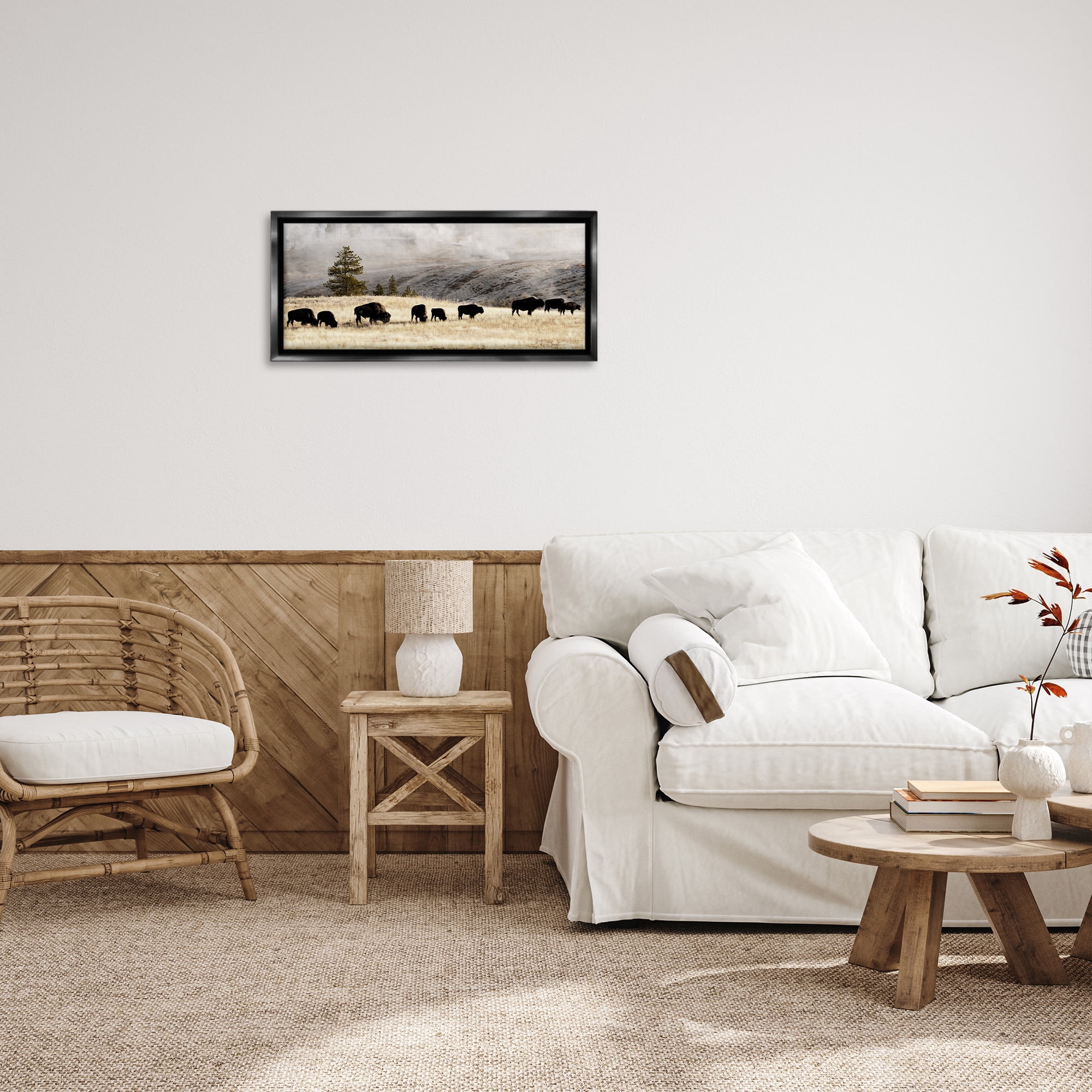 Stupell Industries Grazing Bison Foggy Countryside Animals & Insects Photography Black Floater Framed Canvas Art Print Wall Art, 25 x 11