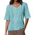 thumbnail image 4 of CIENVNSTG Tops For Women V Neck Short Sleeve Casual Fit Hollow Out Knit Oversized T Shirts Basic Summer Petite Office Tunic Top Ladies Blouse Green M, 4 of 4