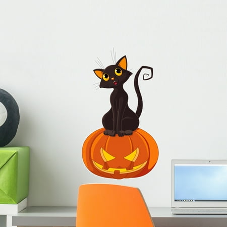 Halloween Cat Pumpkin Wall Decal Mural by Wallmonkeys Vinyl Peel and Stick Graphic for Girls (18 in H x 11 in W)