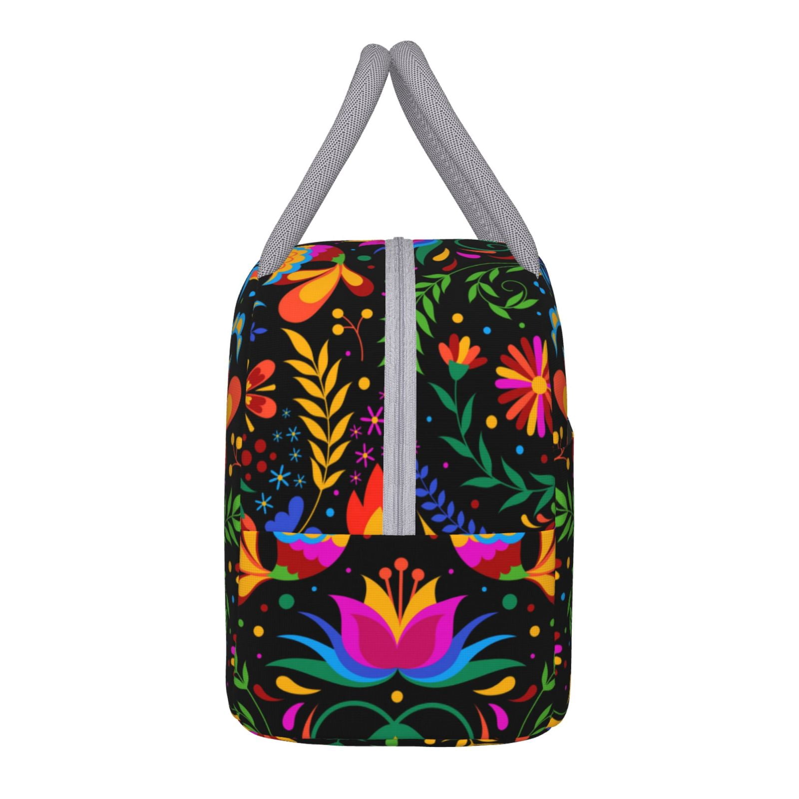 Horeoi Mexican Flower Traditional1 Pattern Large Insulated Lunch Bag for Work, School, Picnic - Waterproof, Durable Oxford Cloth, Comfortable Handle-Light Grey