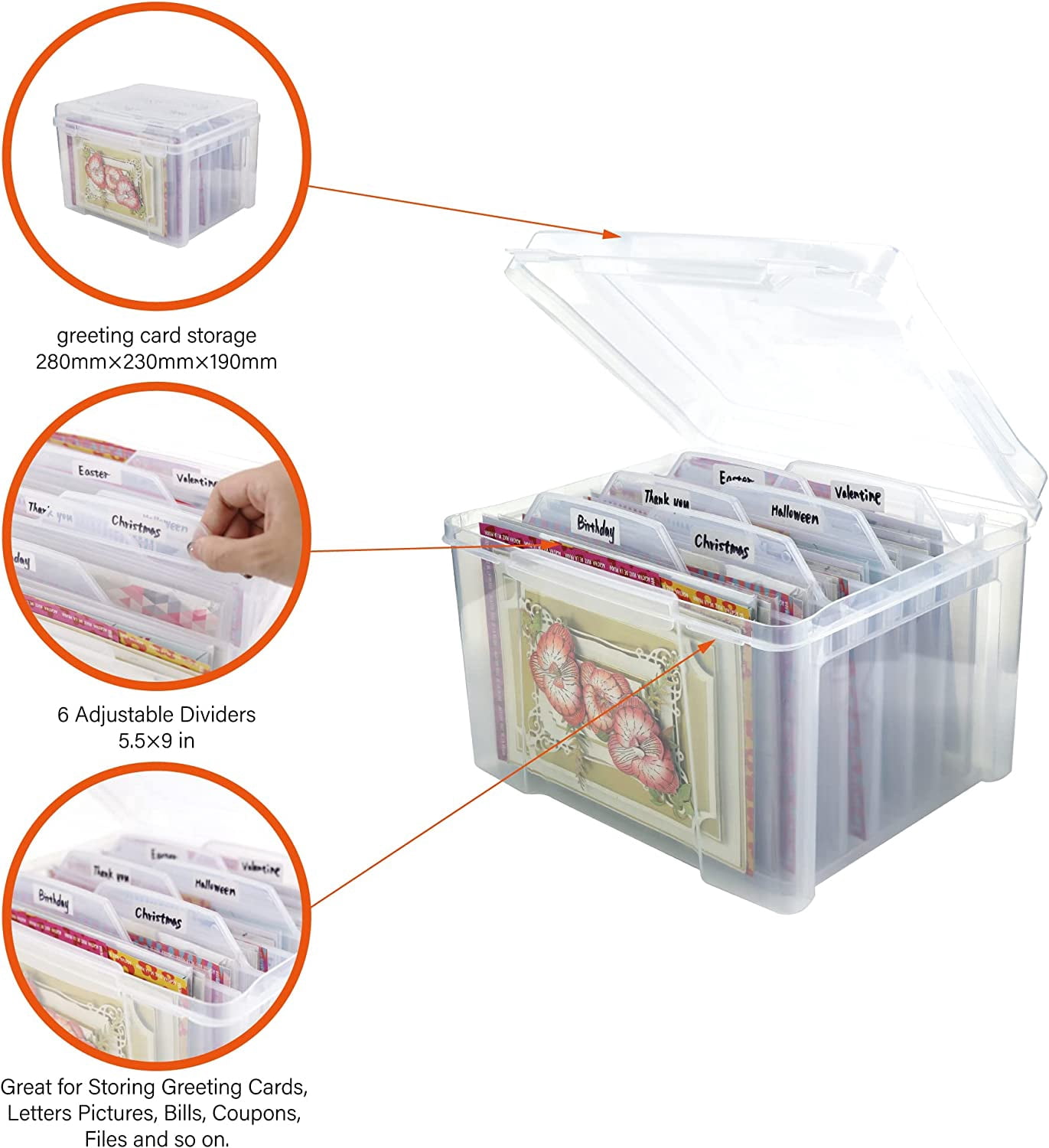 Greeting Card Storage & Organizer Box with 6 Removable Dividers for Holiday Birthday Get Well Cards Photos, Crafts, Scrapbooking(Clear)
