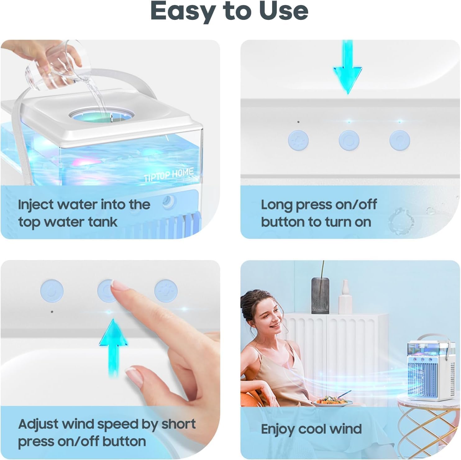 Tiptop Home Portable Air Conditioners Fan, 4 in 1 Rechargeable 3-Speed for Office Room Tent Outdoor, Blue
