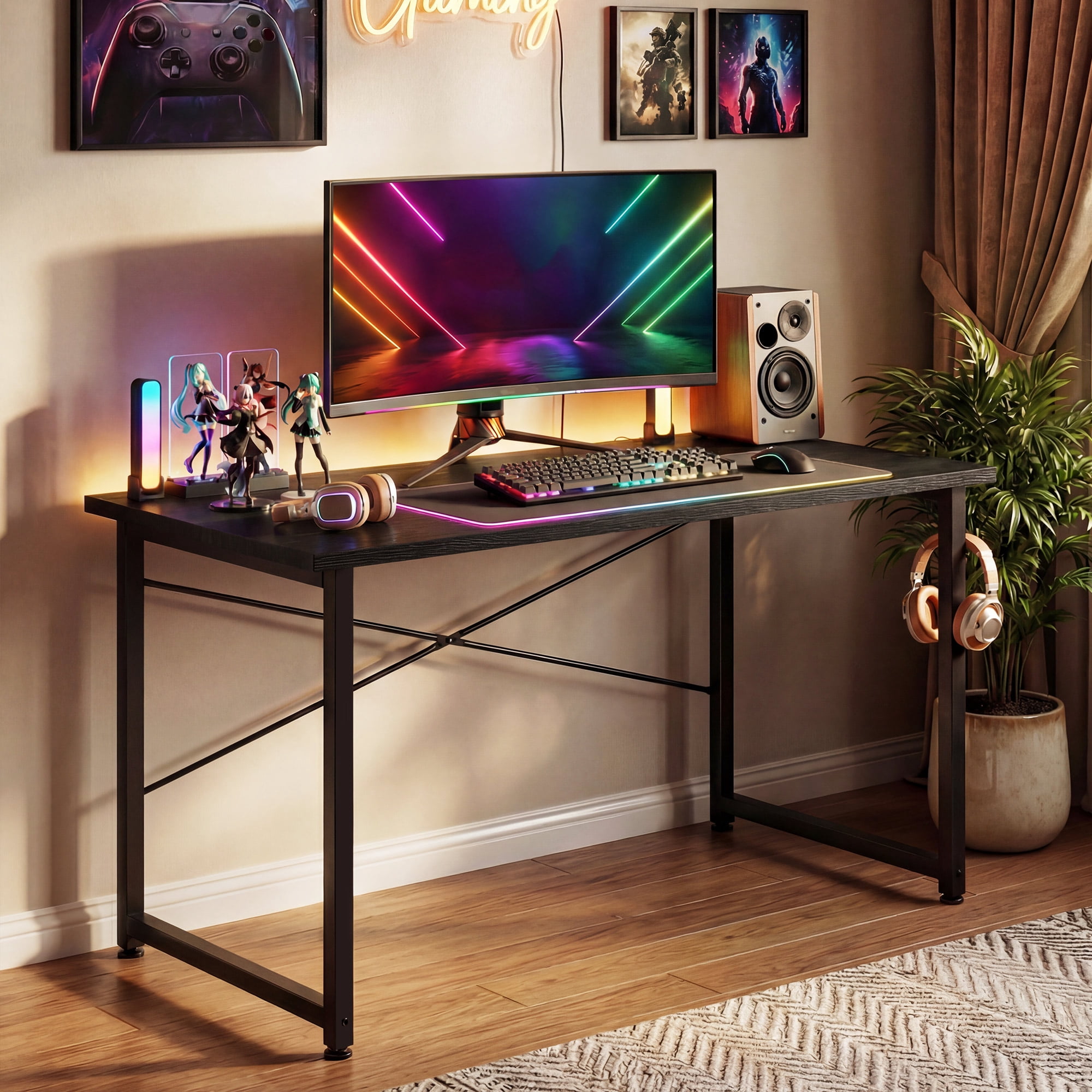 AODK 48 Inch Computer Desk, Home Office Writing Desk for Small Space, Modern Study Desk with Headphone Hook, Black
