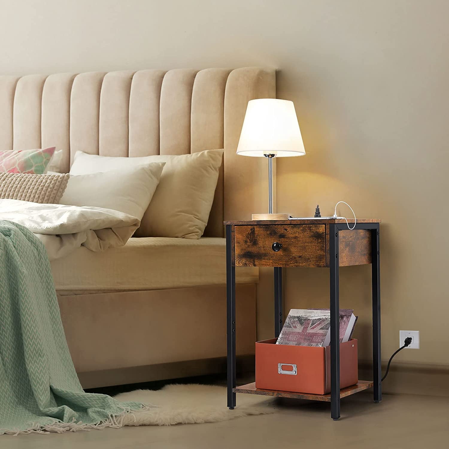 Oumilen Adult Nightstand End Table with Charging Station, USB Ports, Drawer and Storage Shelf, Rustic Brown