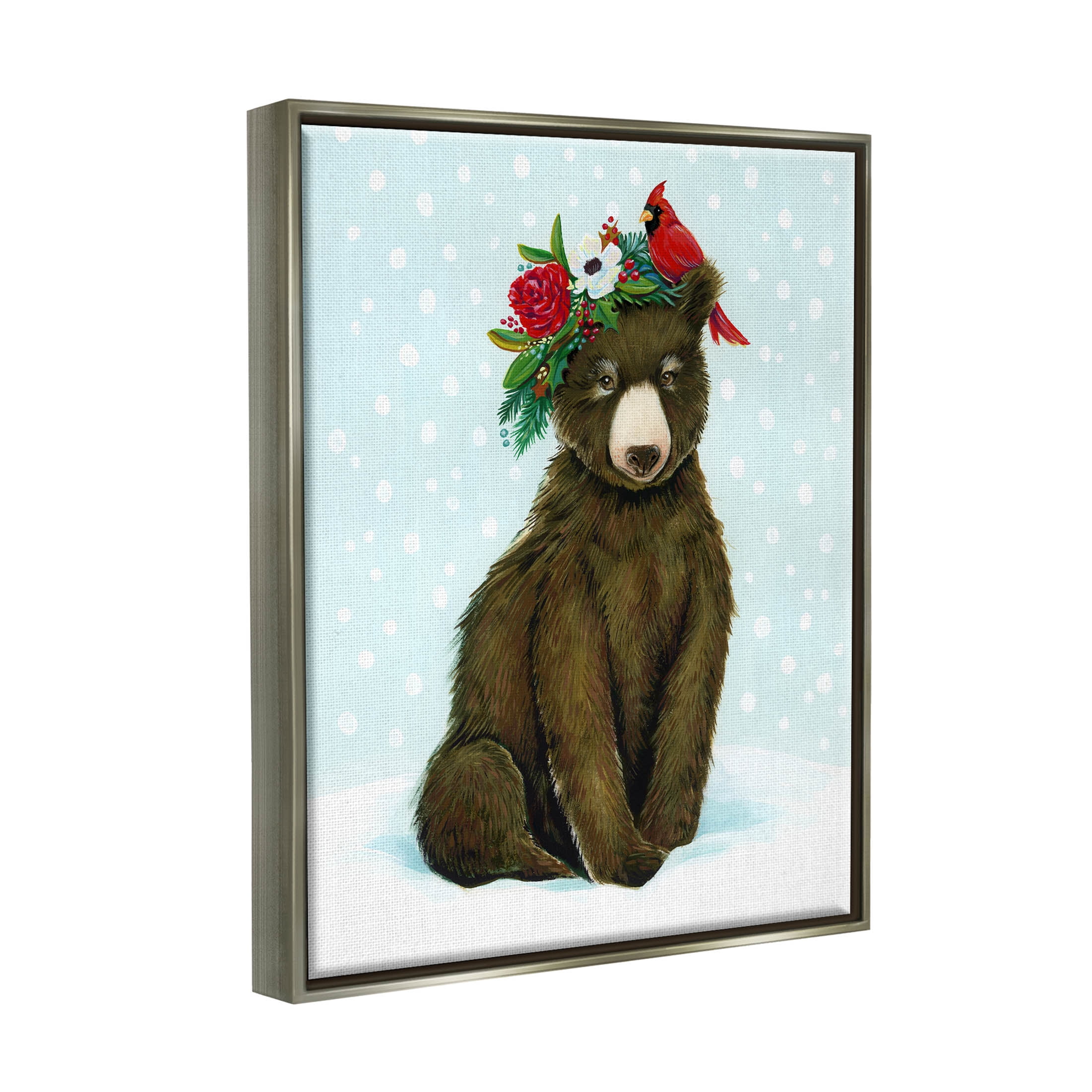 Stupell Industries Bear Seasonal Holly Snow Scene Graphic Art Luster Gray Floating Framed Canvas Print Wall Art, Design by Laura Marr