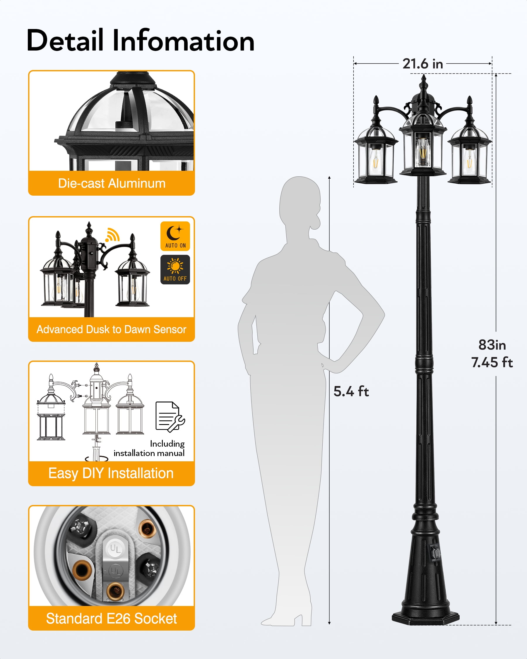 VIANIS 82.9" H Dusk to Dawn Lamp Posts Outdoor Lighting with Outlet, Black 3-Head Outdoor Post Lights, Waterproof Anti-Rust Outdoor Street Light Fixtures for Garden Yard(Hardwired 120VAC)