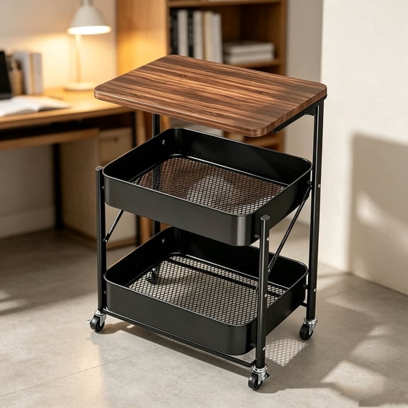Wood Top Rolling Cart, Foldable Metal Utility Trolley for Multi Room Storage, 17.71x11.61x29.13in