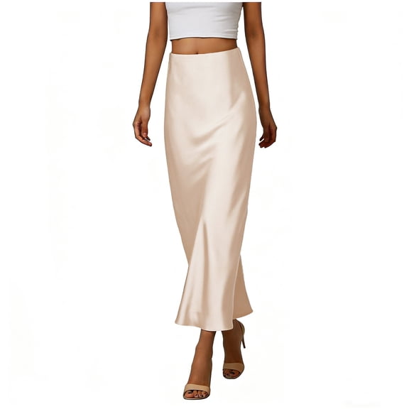 Pxkloy Womens A-Line Satin Maxi Skirt Silk Elegant High Waist Elastic Skirt Bodycon Cocktail Party Outfits 2026 Beige,XXXL
