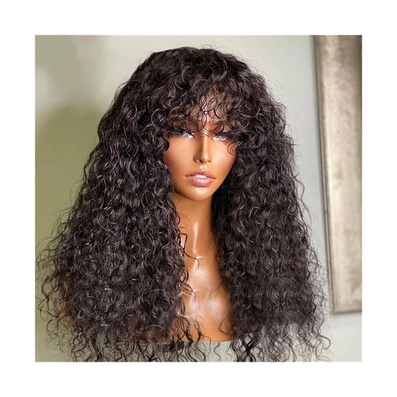 Kinky Curly Wig with Bangs Full Machine 14-40 Inch Long Curly Human Hair Wig for Black Women Glueless Remy Hair Non Lace Front Wig, Natural Color