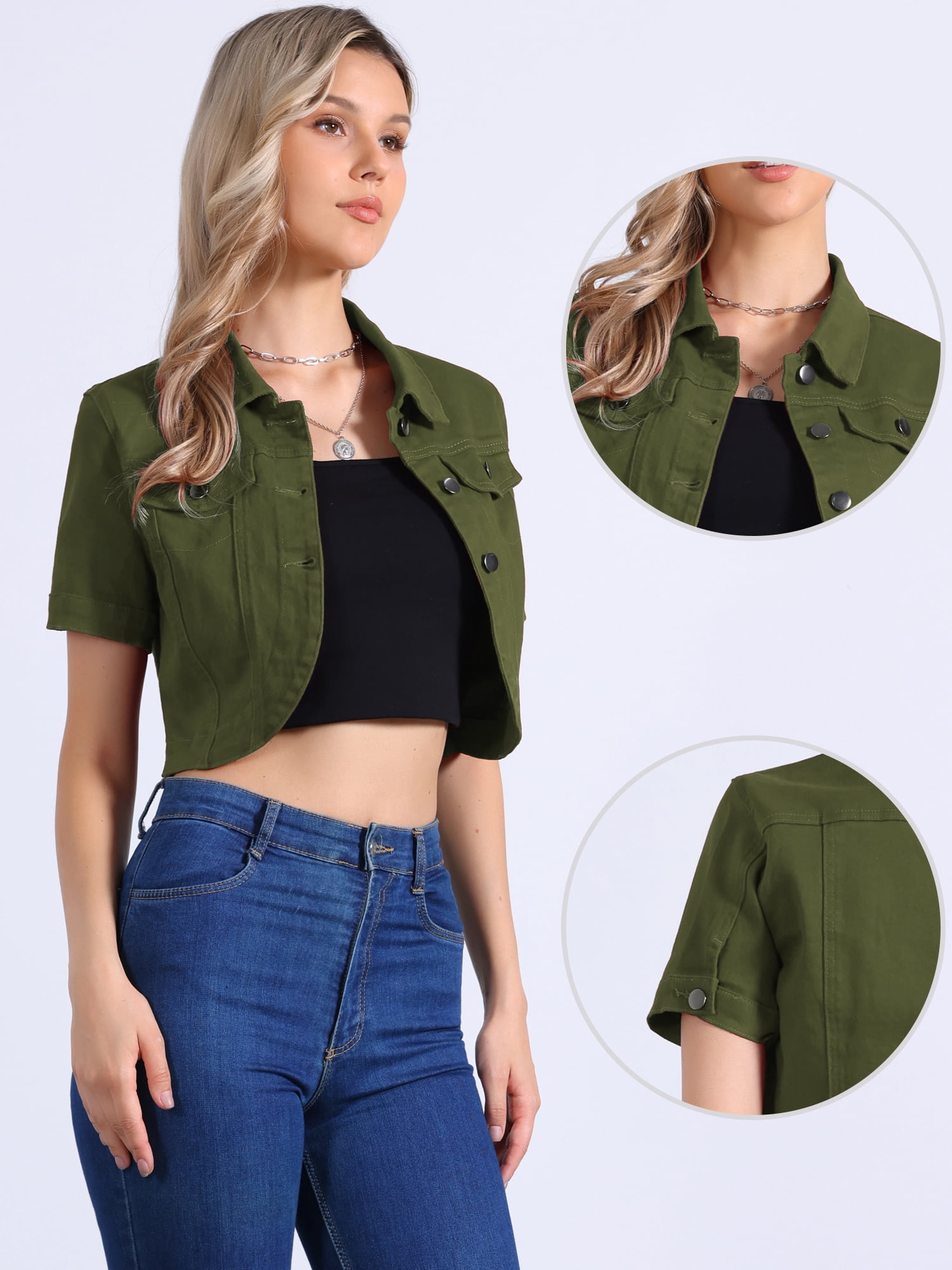 DARING DIVA Women's Denim Jacket Turndown Collar Short Sleeves Crop Jean Jackets S Green