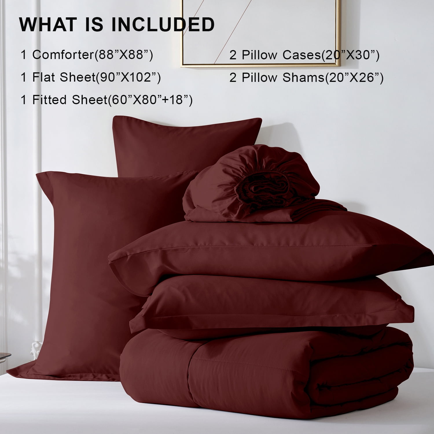 Flymme Queen Comforter Set Burgundy Bed in a Bag Queen Size 7 Pieces Soft Bed Set for All Seasons Lightweight Microfibe Red Bedding Set for Women Man