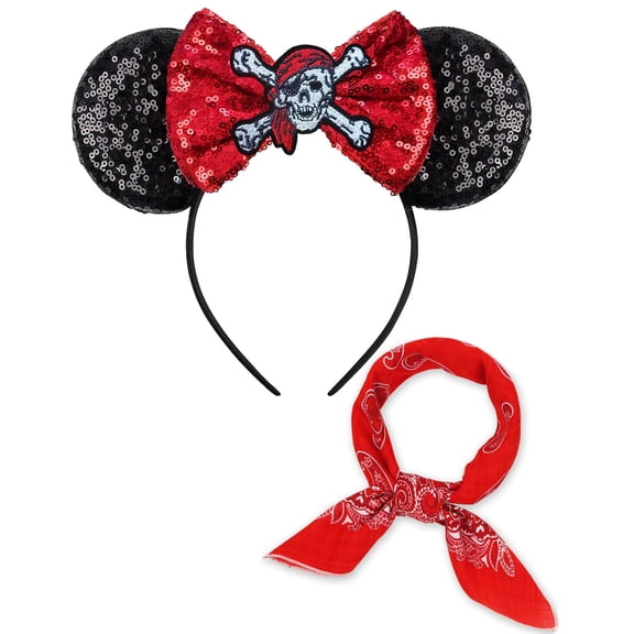Sparkly Mouse Ears Headband with Pirate Skull Bow and Red Bandana Set, Halloween Cosplay Costume Accessories for Women