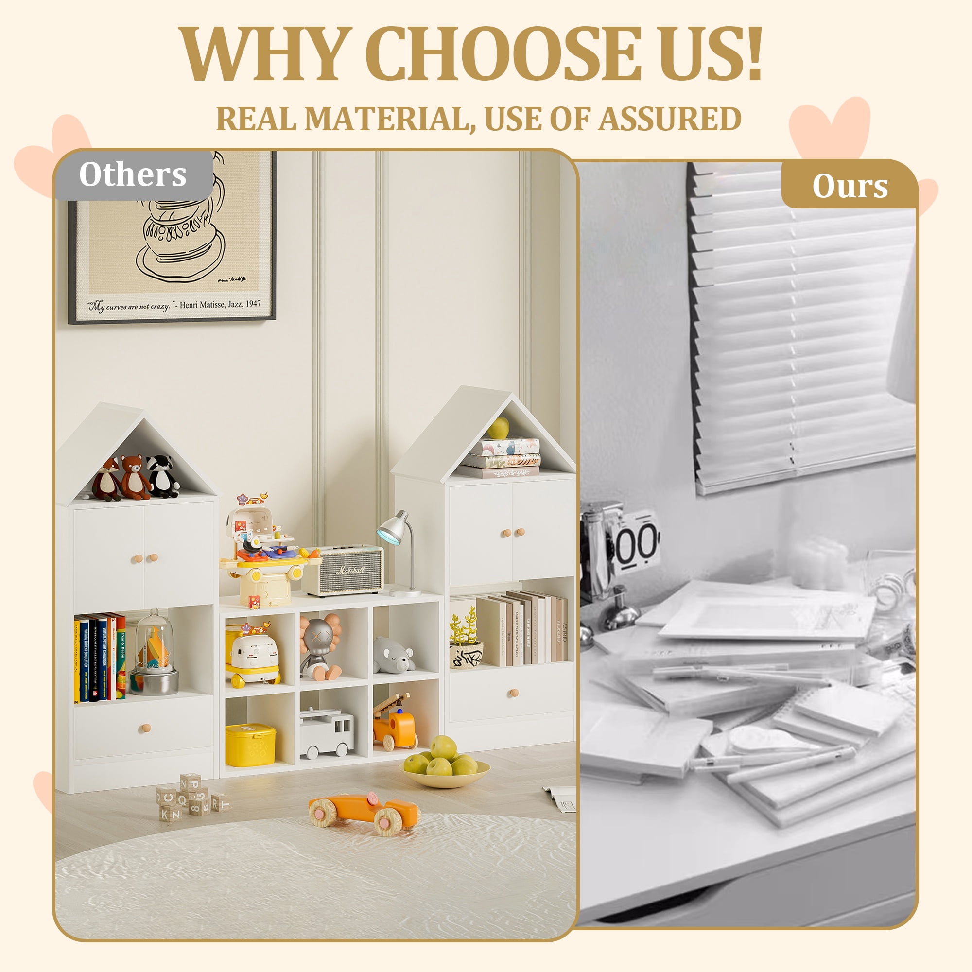 PORKISS Kids Bookshelf, Wooden Bookshelf for Kids with House-Shaped Design, Modern Toy Organizer with Storage for Playroom, Bedroom, White
