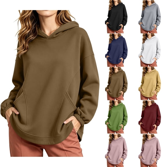 Oversized Hoodies Zaewscy Women's /Winter Casual Solid-Color Long-Sleeve Hooded Sweatshirt With Pockets Coffee M