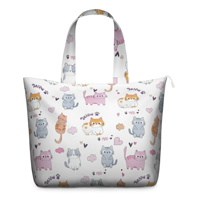 Adorable Cat-themed Print Travel Tote, Vintage Cat Illustration Weekender Bag, Large Capacity Duffel with Adjustable Strap