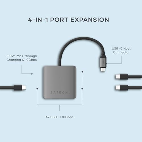Satechi 4-Port USB-C Hub with 100W Power Delivery Pass-Through & 10Gbps USB 3.2 Gen 2 Data Transfer for MacBook Pro/Air, iPad Pro, Surface, Chromebook & More (Space Gray)