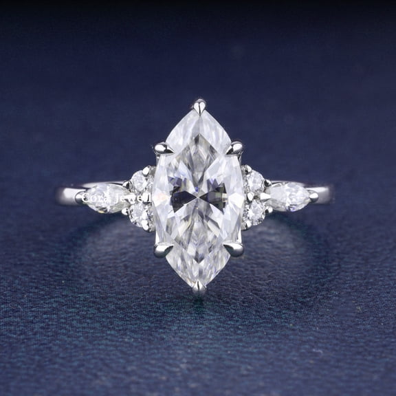 Cora Jewellery 1.5CT Marquise Moissanite Diamond Engagement Ring For Women, 14K White Gold Plating Over Silver, D Color VVS1 Clarity