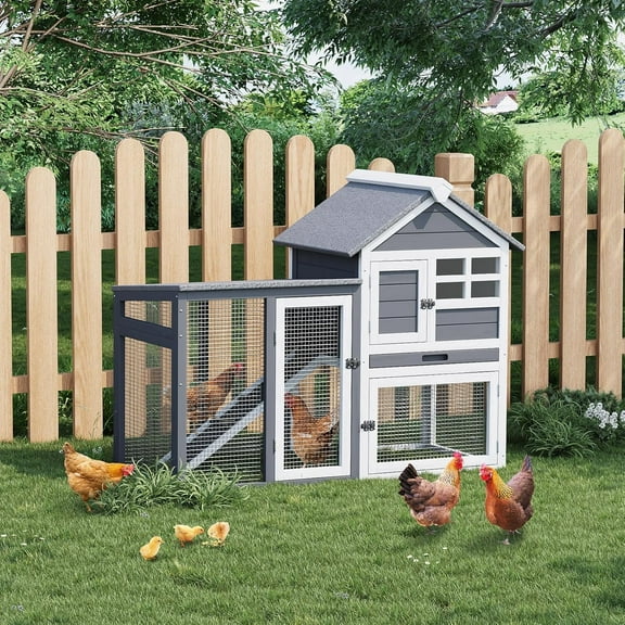 Large Rabbit Hutch Outdoor Indoor with Pull Out Tray Wooden Bunny Hutch, Guinea Pig Cage Chicken Co op with Run, Removable Tray, Asphalt Roof, Lockable Doors and Ramp