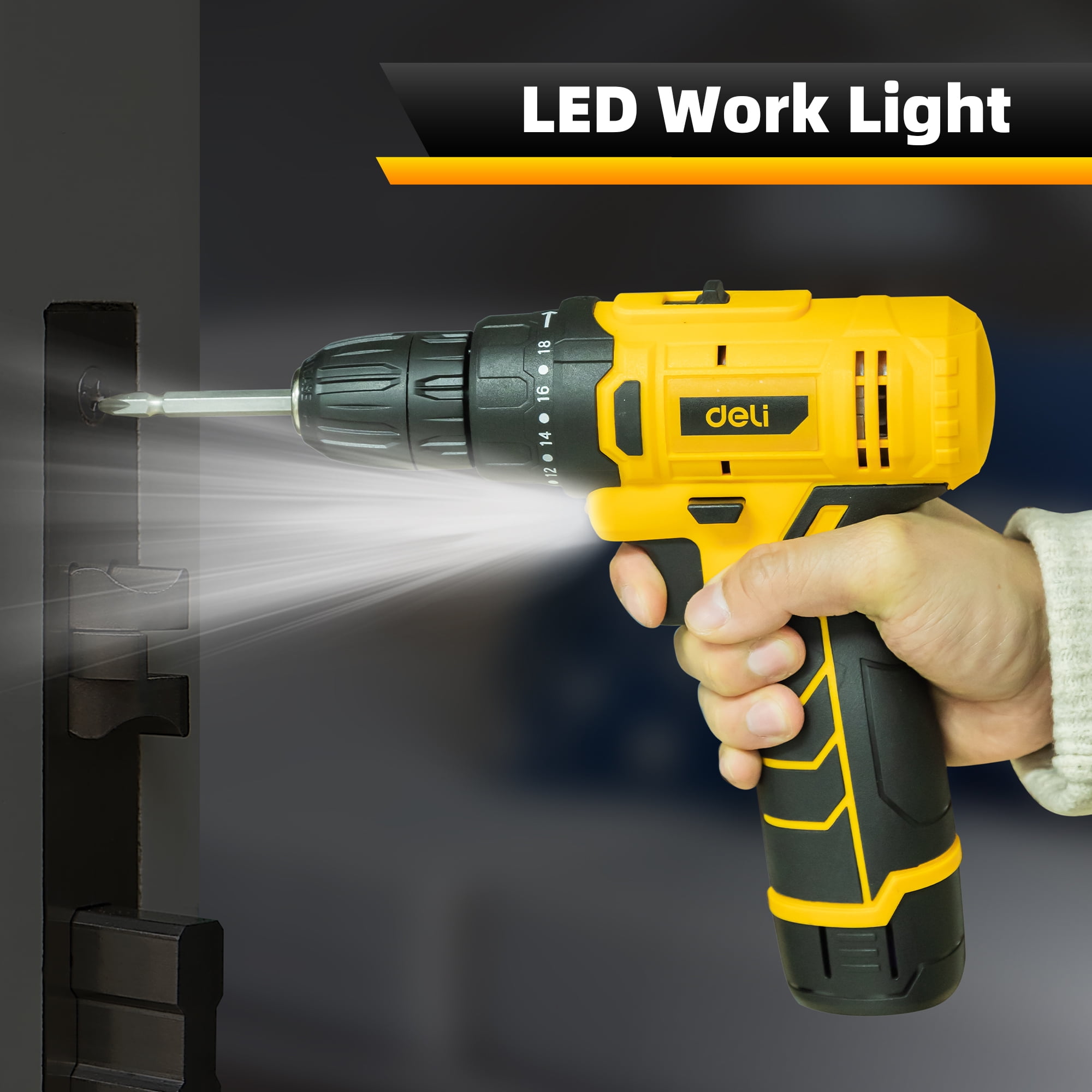 Deli 12V Max Lithium-Ion Cordless Impact Drill Driver Set, Electric Screwdriver Driver Tool Kit, 3/8" Keyless Chuck,,with 2.0Ah Battery,Charger